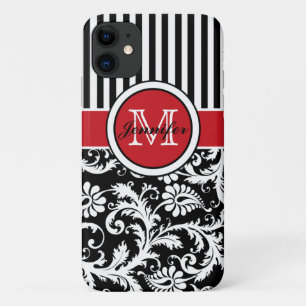 Monogramm Schwarz-weißer Streifen Damaskus Case-Mate iPhone Hülle