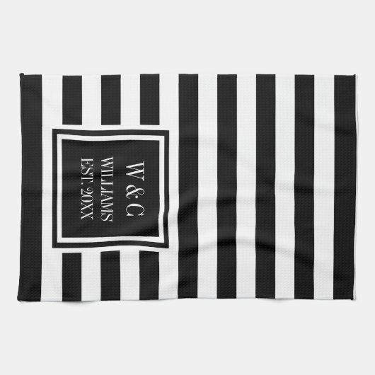 Monogramm Schwarz-weißer Streifen Personalisiert Geschirrtuch (Horizontal)