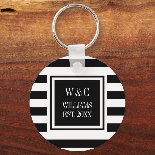 Monogramm-Schwarz-weißer Streifen Schlüsselanhänger (Vorderseite)