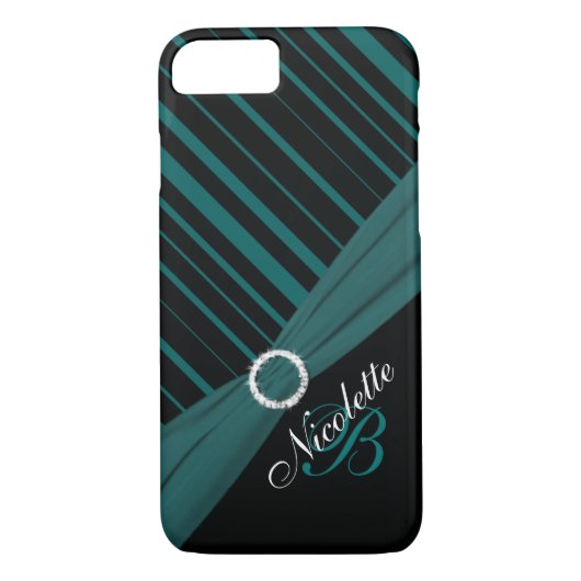 Monogramm Schwarz-weißes Aquamarin gestreiftes iPh Case-Mate iPhone Hülle (Rückseite)