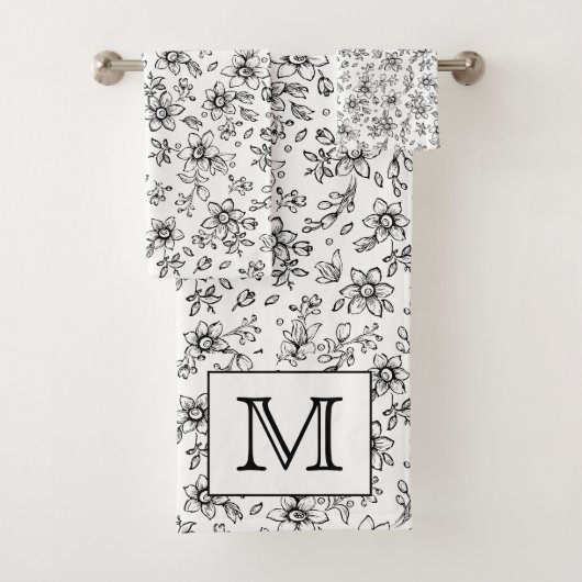 Monogramm Schwarz-weißes Blumenmuster Badhandtuch Set (Insitu)