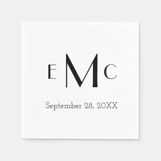 Monogramm Schwarz-weißes Minimalistisches Hochzeit Serviette (Vorderseite)