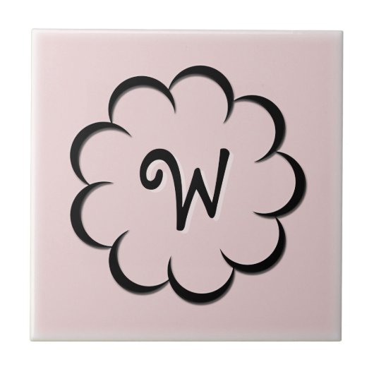 Monogramm Schwarze Blume auf Hell Staubig Rosa Fliese (Vorderseite)