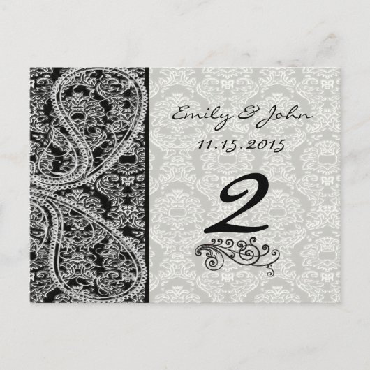 Monogramm schwarze Damast Hochzeit Tischnummer Kar (Vorderseite)