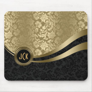 Monogramm Schwarze & Goldene Blumen-Damaskus 2 Mousepad
