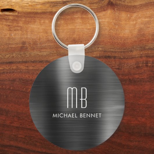 Monogramm Schwarze Imitate, gebürstetes Metall Schlüsselanhänger (Vorderseite)