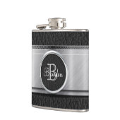 Monogramm-schwarze lederne Blick-Edelstahl-Flasche Flachmann (Links)