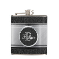 Monogramm-schwarze lederne Blick-Edelstahl-Flasche