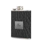 Monogramm-schwarze lederne Blick-Flasche Flachmann (Links)