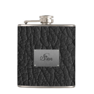 Monogramm-schwarze lederne Blick-Flasche Flachmann
