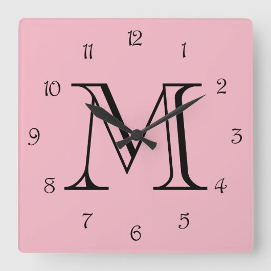 Monogramm schwarze Skriptnummern auf rosa Wccm Quadratische Wanduhr (Vorderseite)