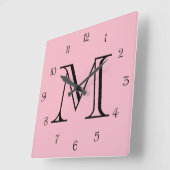 Monogramm schwarze Skriptnummern auf rosa Wccm Quadratische Wanduhr (Winkel)