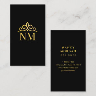 Monogramm schwarze und goldene Krone Visitenkarte