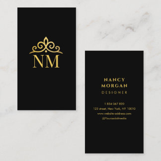 Monogramm schwarze und goldene Krone Visitenkarte