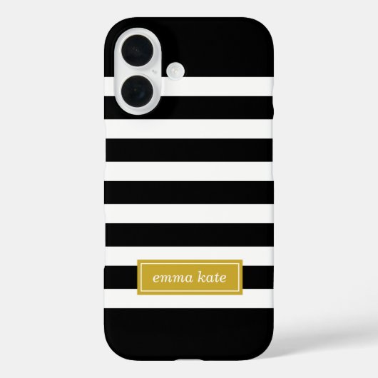 Monogramm schwarze und goldene Preppy-Streifen Case-Mate iPhone Hülle (Rückseite)