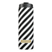 Monogramm schwarze und goldene Preppy-Streifen Thermosbecher (Vorderseite)