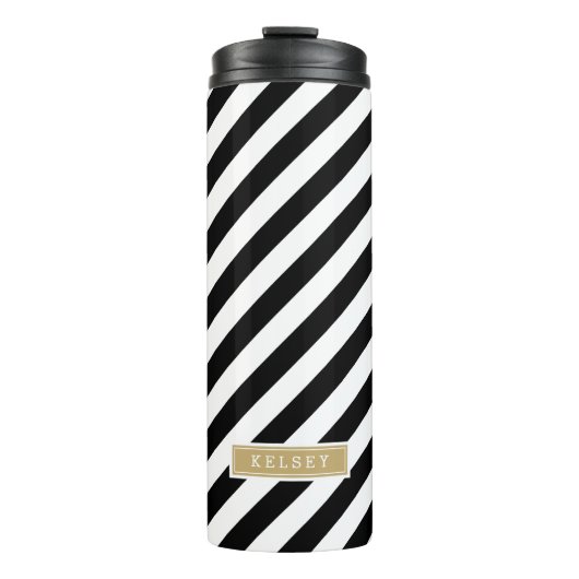 Monogramm schwarze und goldene Preppy-Streifen Thermosbecher (Vorderseite)