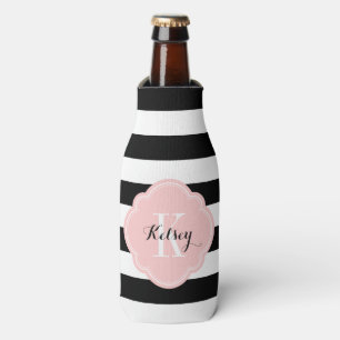 Monogramm schwarze und rosa Preppy-Streifen Flaschenkühler