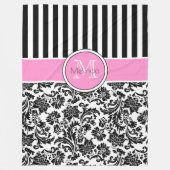 Monogramm schwarze und weiße Damasken und Streifen Fleecedecke (Vorderseite)