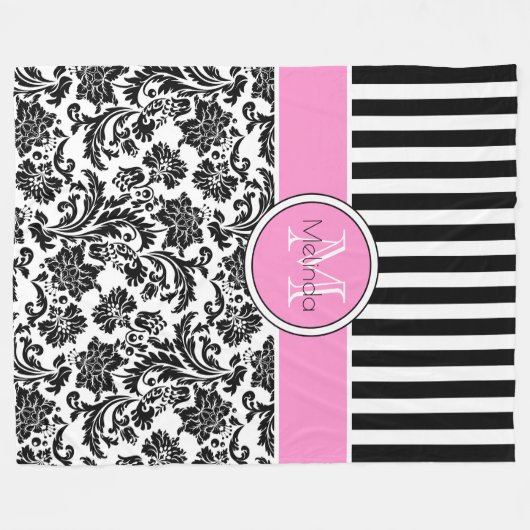 Monogramm schwarze und weiße Damasken und Streifen Fleecedecke (Vorderseite (Horizontal))