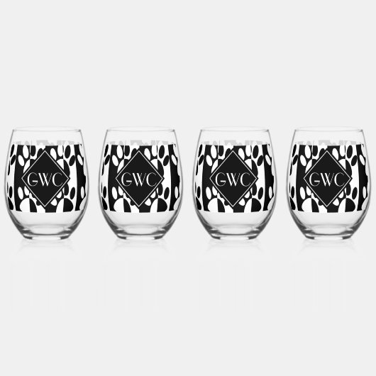 Monogramm schwarze und weiße Hundepasten und -stre Weinglas Ohne Stiel (Hinten)