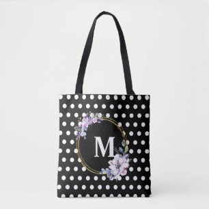 Monogramm schwarze Vintage-Blumen Polka Punkte Tasche