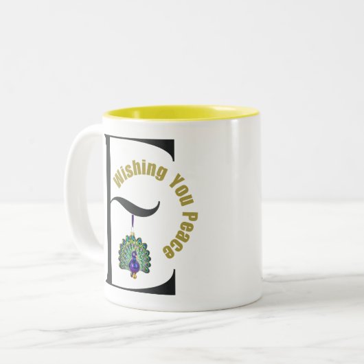 Monogramm schwarzer Buchstabe E Pfau wünscht Fried Zweifarbige Tasse (Vorderseite Links)