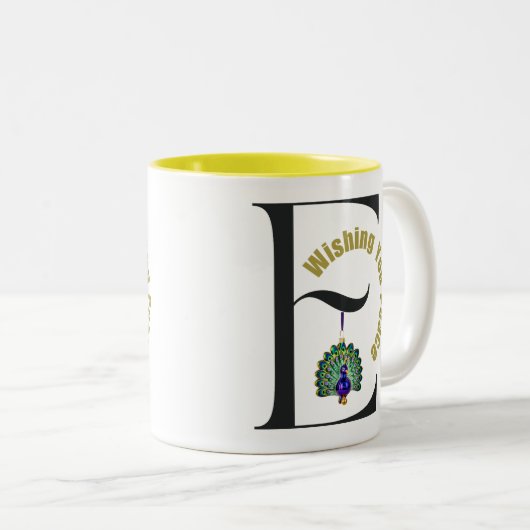 Monogramm schwarzer Buchstabe E Pfau wünscht Fried Zweifarbige Tasse (VorderseiteRechts)