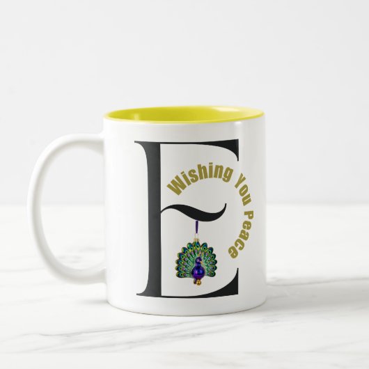 Monogramm schwarzer Buchstabe E Pfau wünscht Fried Zweifarbige Tasse (Links)
