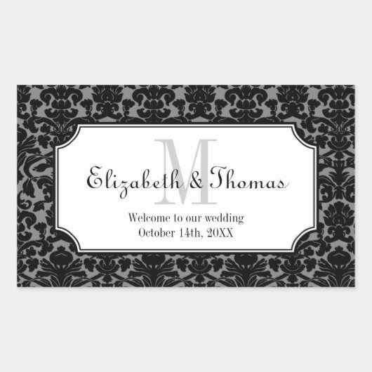 Monogramm schwarzer Damastrahmen aus Stadtgeschenk Rechteckiger Aufkleber (Vorderseite)