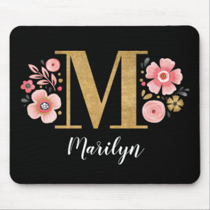 Monogramm Schwarzer Floral Mousepad
