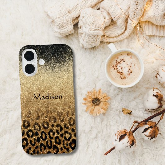 Monogramm Schwarzer Gold Glitter Leopardenprint Case-Mate iPhone Hülle