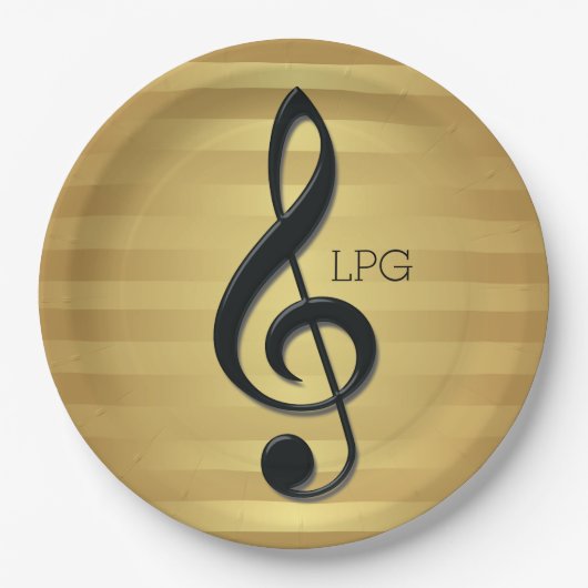 Monogramm Schwarzer Kleber auf goldenen Streifen Pappteller (Vorderseite)