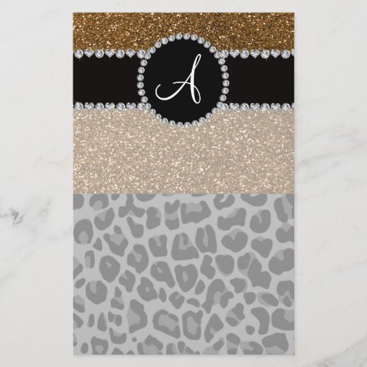 Monogramm Schwarzer Leoparden-Glitzer Briefpapier (Vorderseite)