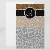 Monogramm Schwarzer Leoparden-Glitzer Briefpapier (Vorne/Hinten)