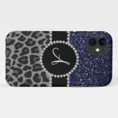 Monogramm schwarzer Leopardenmarineblau-Glitzer Case-Mate iPhone Hülle (Rückseite (Horizontal))