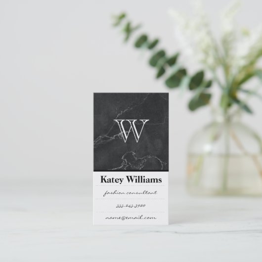 Monogramm | Schwarzer Marmor | Lux Visitenkarte (Stehend Vorderseite)