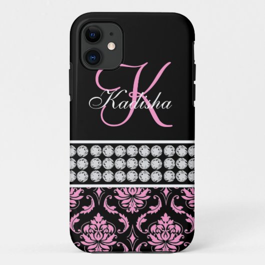 Monogramm-schwarzer rosa Damast iPhone 5 Case-Mate iPhone Hülle (Rückseite)