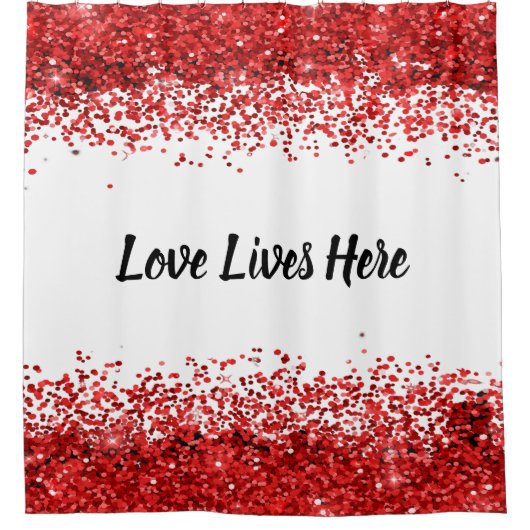 Monogramm - Schwarzer Text auf Weiß mit rotem Glit Duschvorhang (Vorderseite)