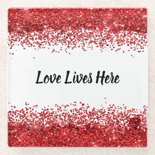 Monogramm - Schwarzer Text auf Weiß mit rotem Glit Glasuntersetzer (Vorderseite)