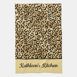Monogramm schwarzer und goldener Leopardenprint Ch Geschirrtuch