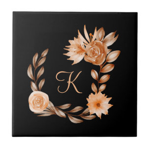 Monogramm Schwarzes Braun und Pfirsich Blumenmuste Fliese