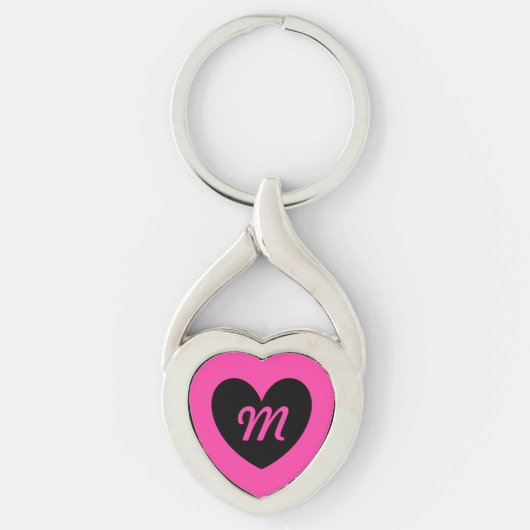 Monogramm schwarzes Herz auf Fuchsienrosa Schlüsselanhänger (Vorderseite)
