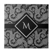 Monogramm schwarzes Paisley Fliese (Vorderseite)
