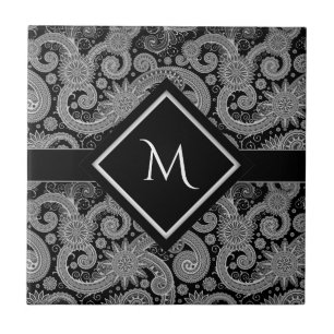 Monogramm schwarzes Paisley Fliese