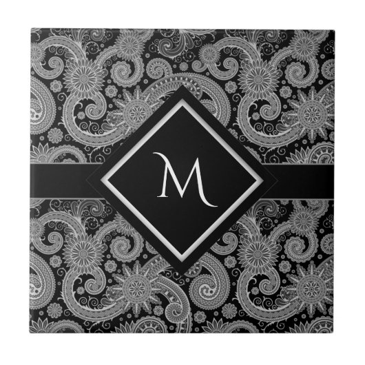 Monogramm schwarzes Paisley Fliese (Vorderseite)