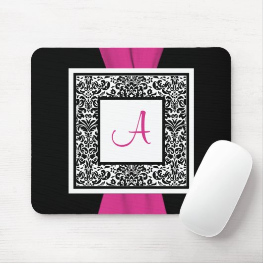 Monogramm-Schwarzes, Rosa, weißer Damast Mousepad (Mit Mouse)