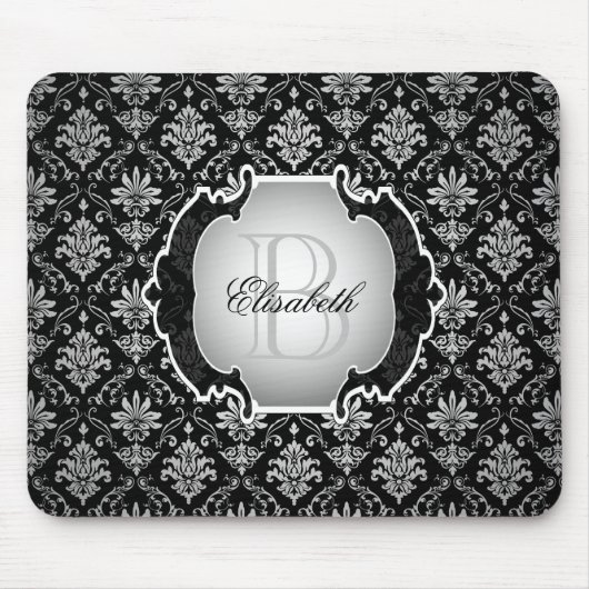Monogramm-Schwarzweiss-Damast Mousepad (Vorne)