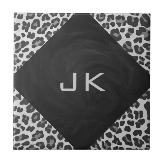 Monogramm-Schwarzweiss-Leopard-Druck Fliese (Vorderseite)