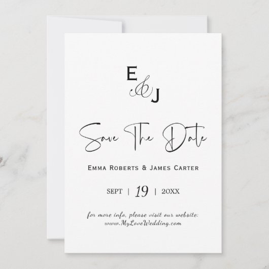 Monogramm Schwarzweiß Save the Date (Vorderseite)